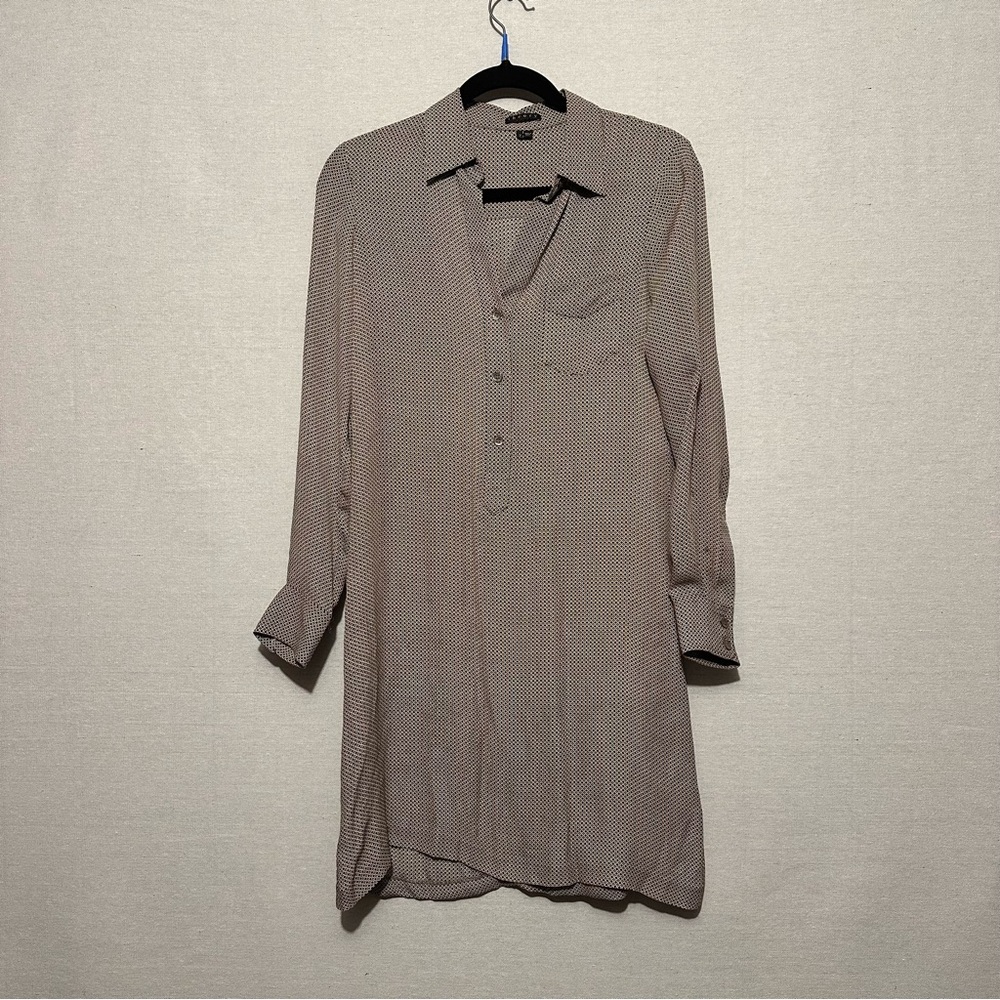 Theory Taupe Microprint Long Sleeve Shirt Dress
